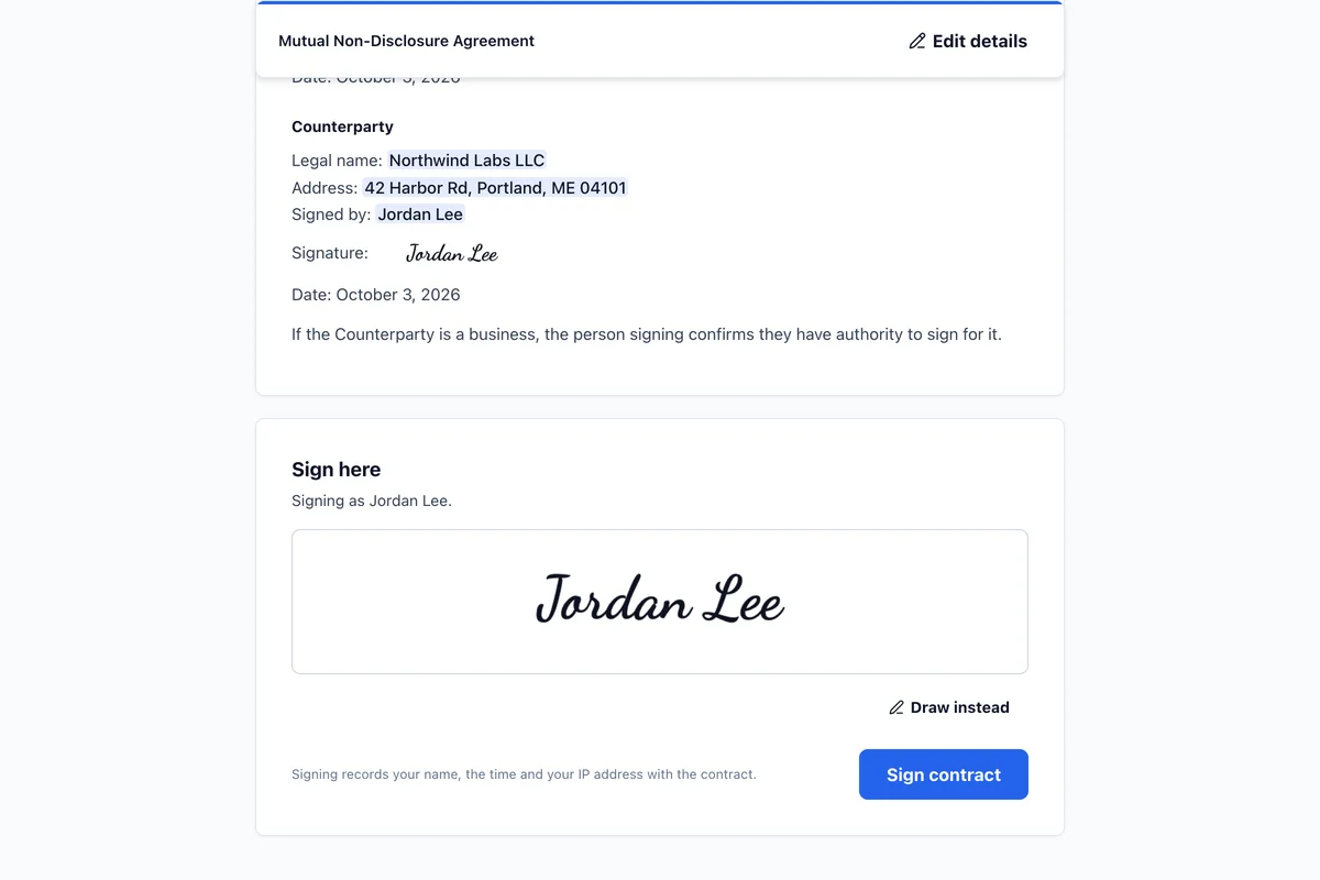 The signing page