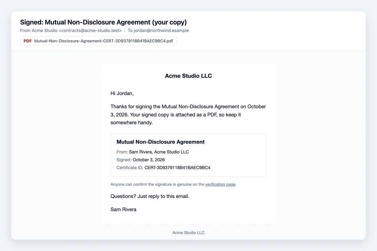 The signed-copy email