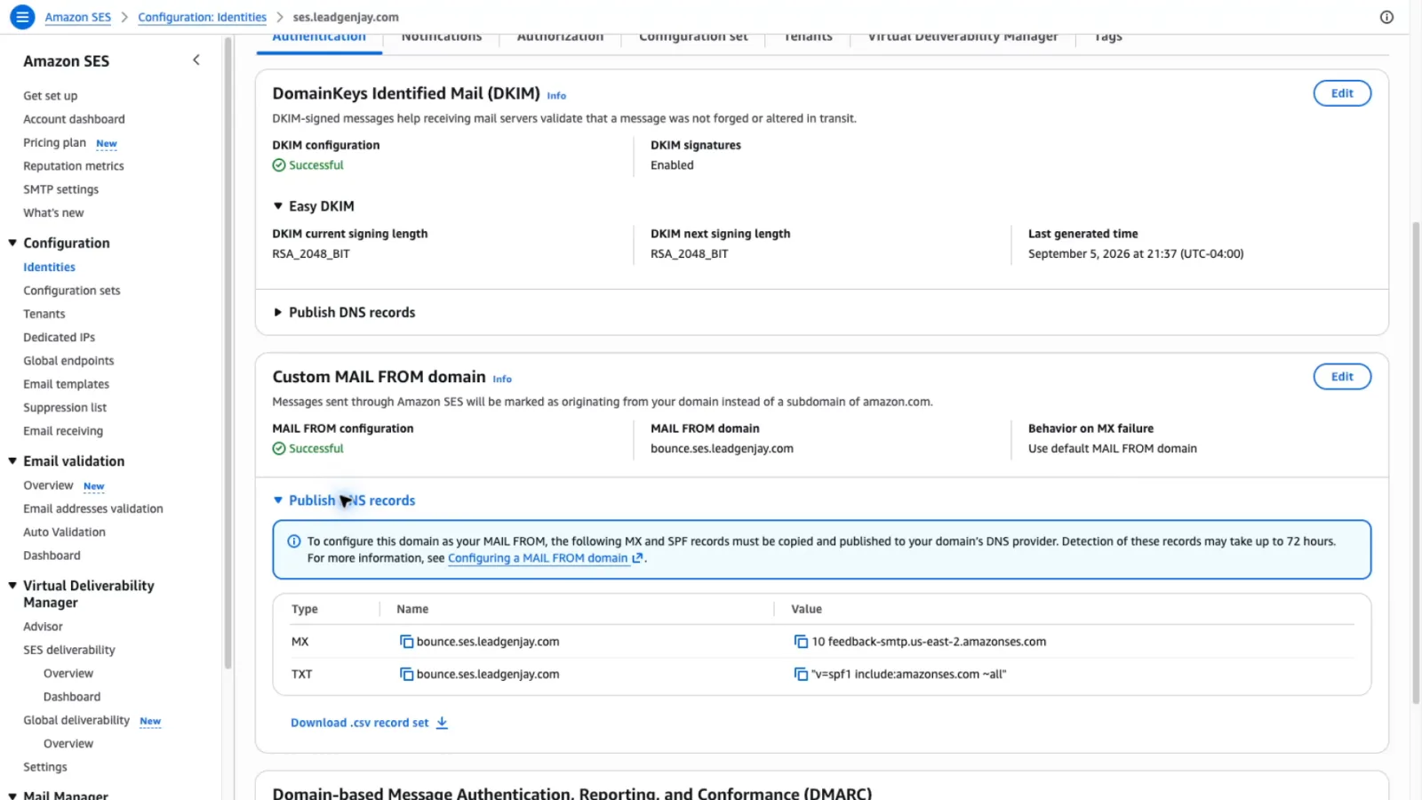 The custom MAIL FROM domain showing Successful, with the MX and SPF records that send bounces back through Amazon