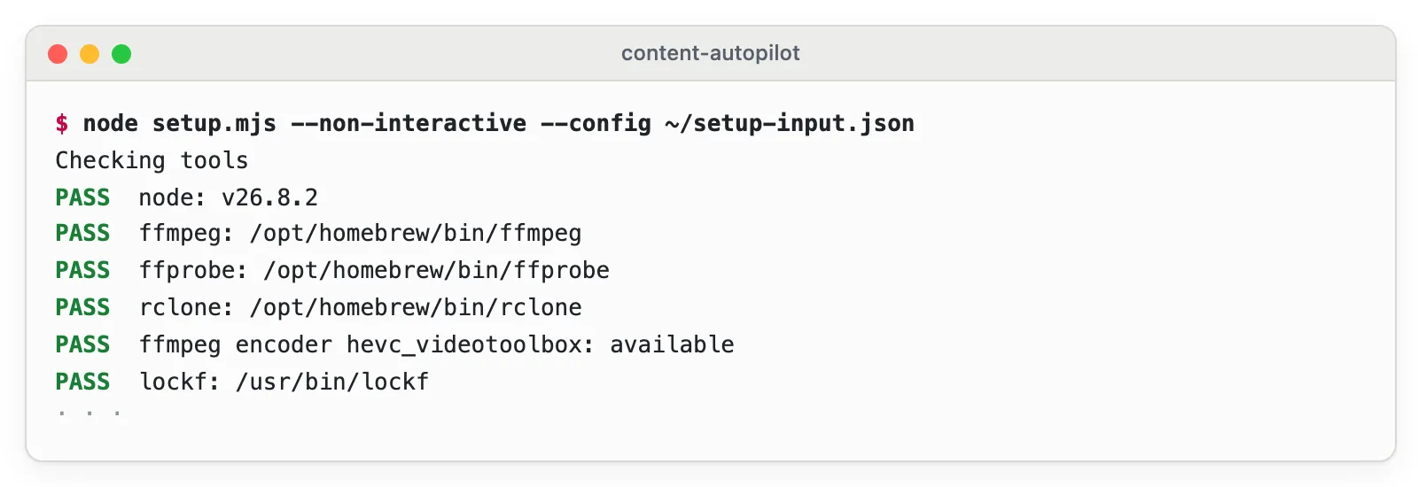 Setup checking node, ffmpeg, ffprobe, rclone, the hardware encoder and lockf, all passing.